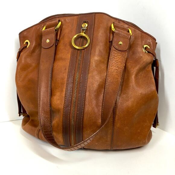 Boho Brown Leather Purse Handbag Gold Hoop Circle Zipper Detail Hobo Via Spiga - Picture 1 of 15
